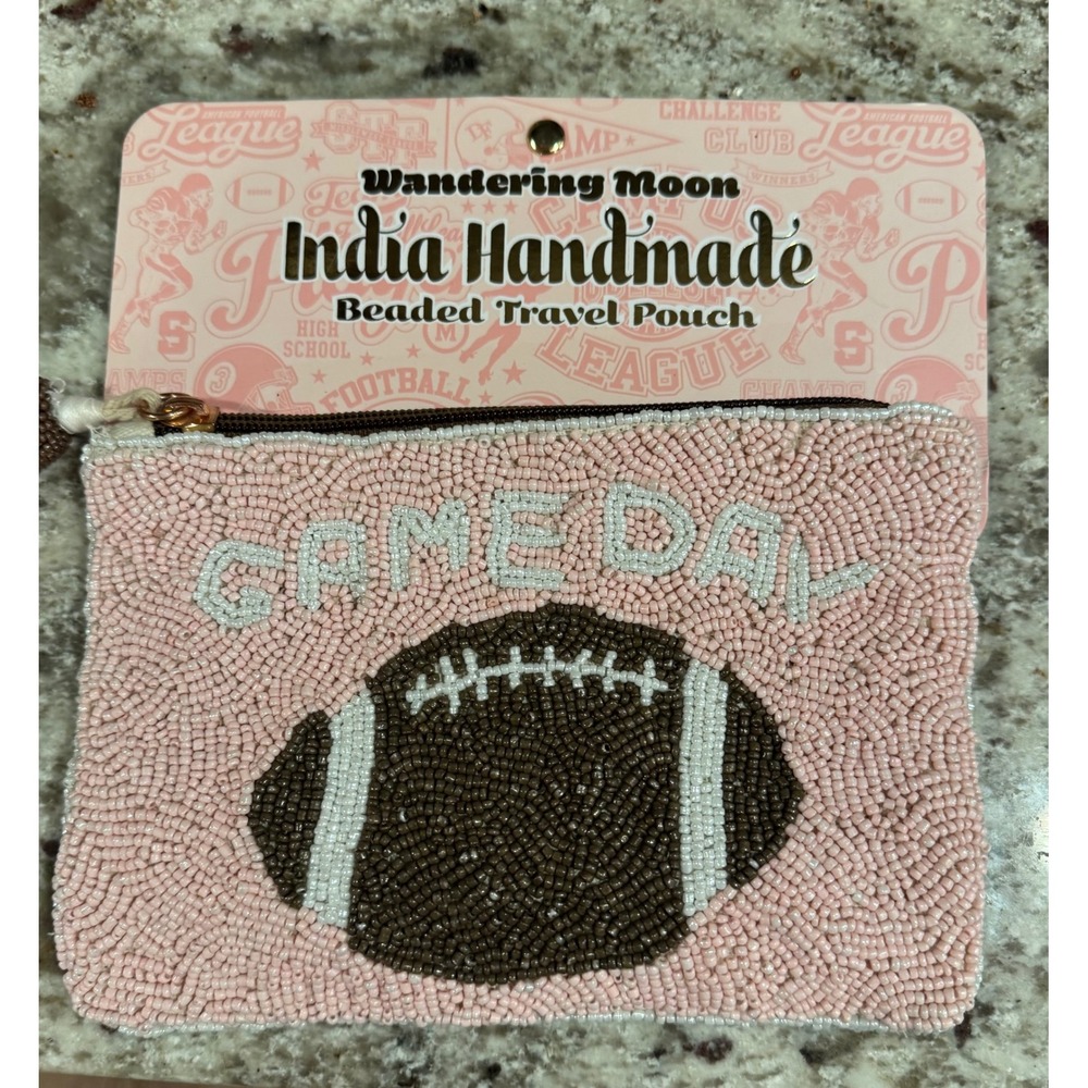 Wandering Moon India Handmade Beaded Game Day Football Travel Pouch Pink